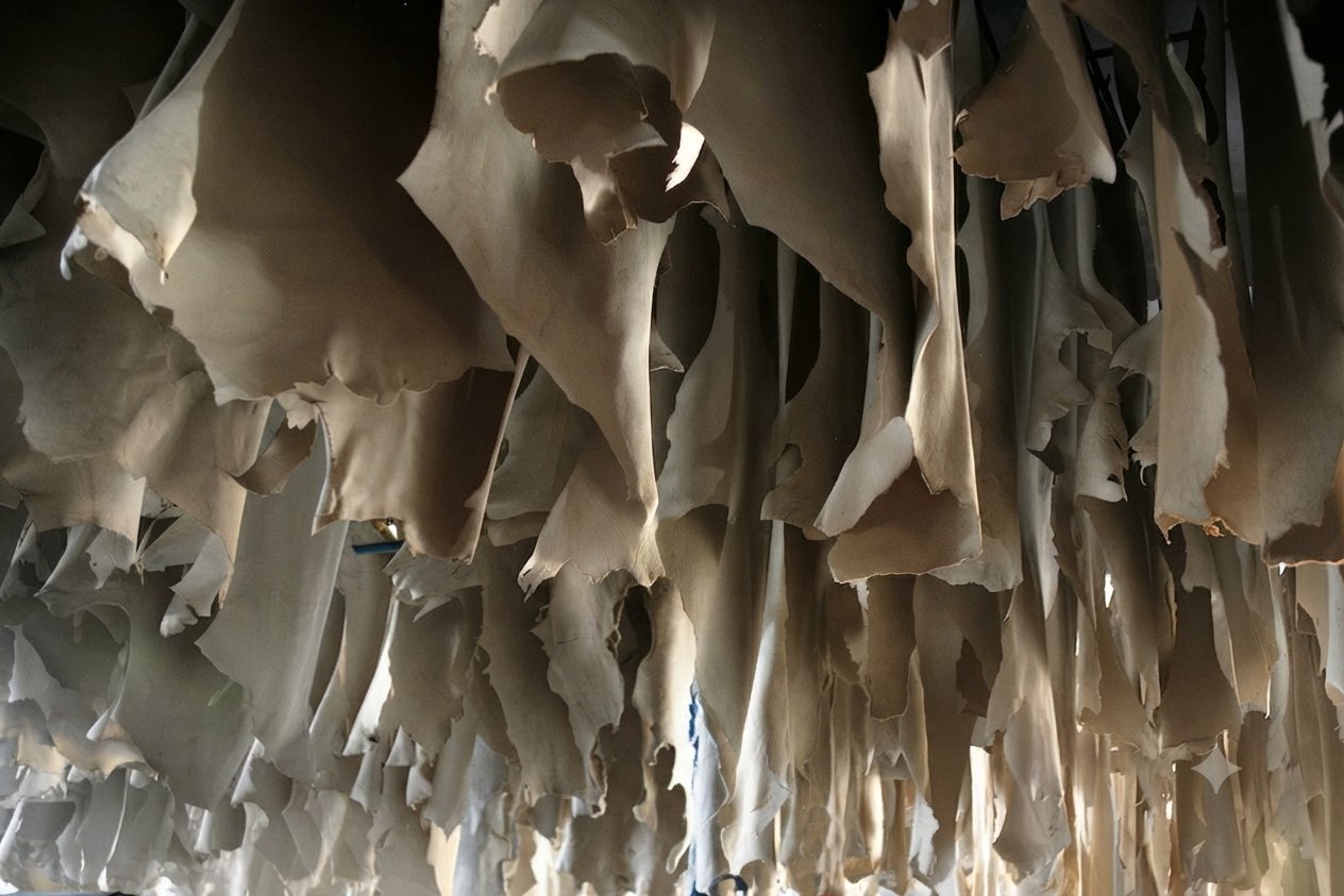 Crust leather hides hanging to dry during processing