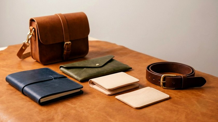 Leather goods flat lay — bag, wallets, belt and accessories